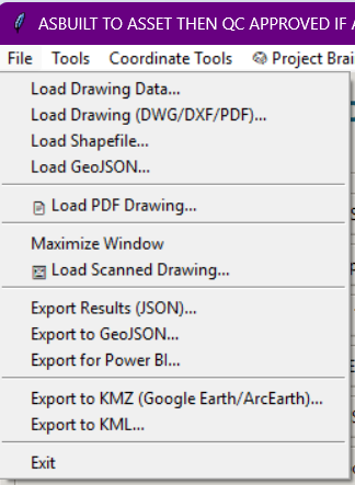 Drawing and GeoJSON ingestion menu with export to KML, KMZ, and Power BI